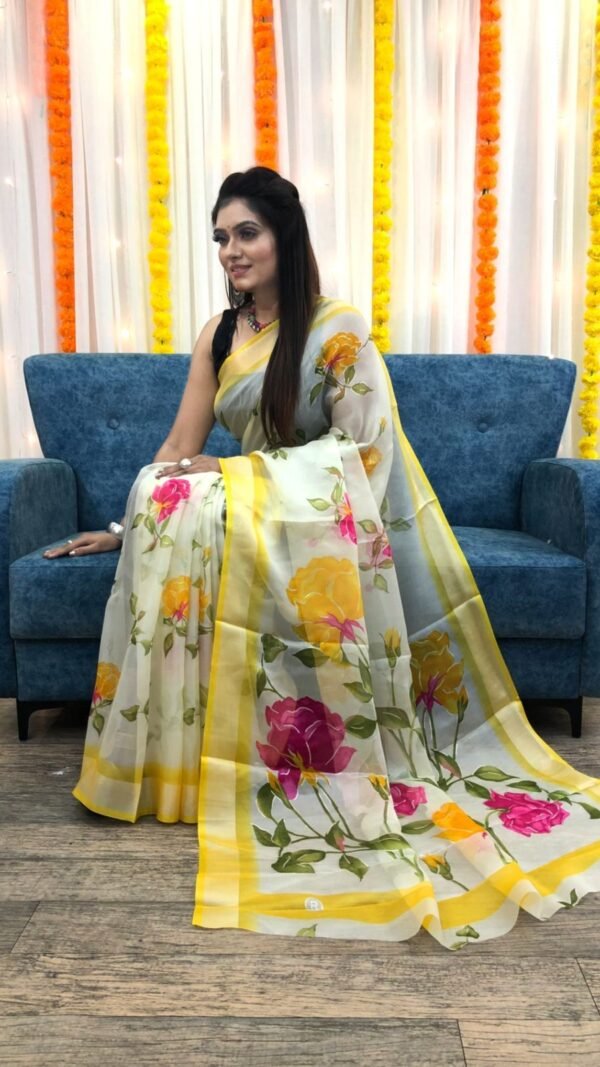 Organza Silk Floral Saree with Foil Outline Work 01