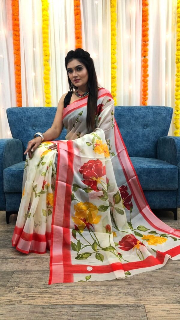 Organza Silk Floral Saree with Foil Outline Work 03