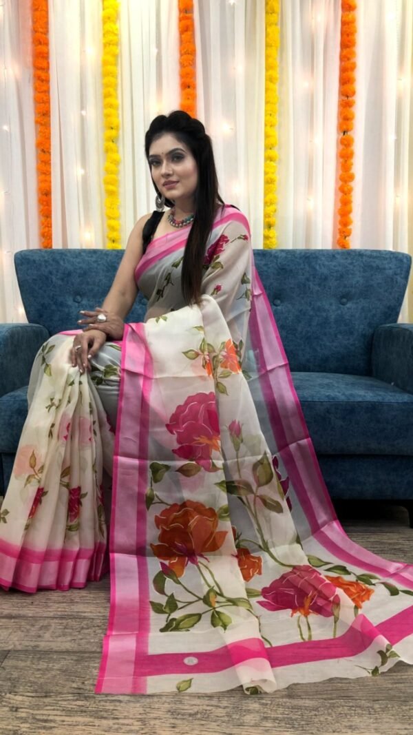 Organza Silk Floral Saree with Foil Outline Work 04