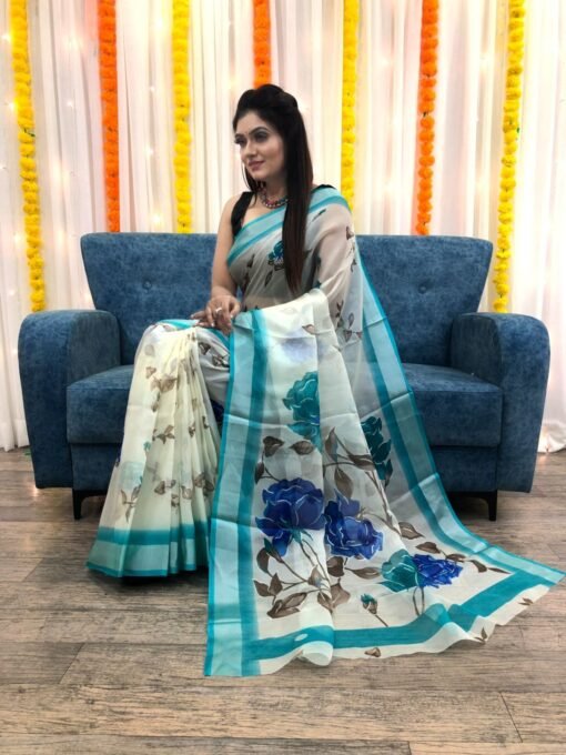Organza Silk Floral Saree with Foil Outline Work 05