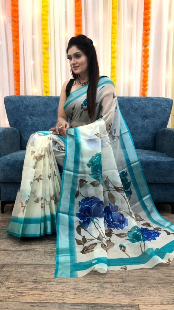 Organza Silk Floral Saree with Foil Outline Work 05