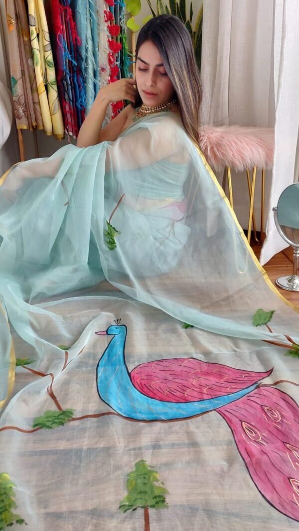 Premium Crystal Organza Golden Zari Border Saree 03