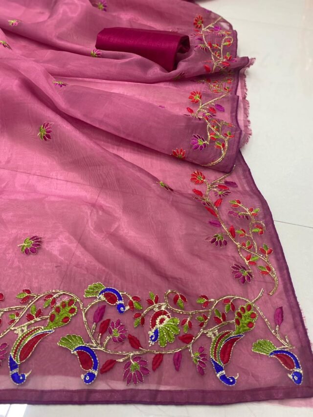 Pure Cream Organza Saree Fully Colorful Embroidered With Handwork Sarees