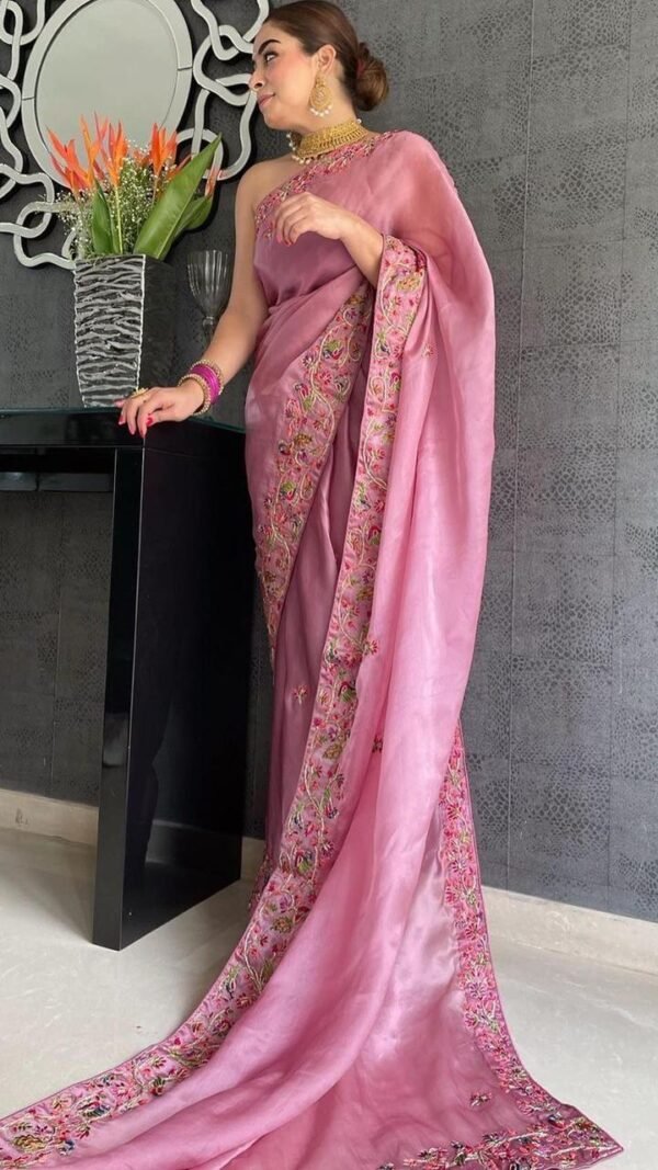 Pure Cream Organza Saree Fully Colorful Embroidered With Handwork Sarees