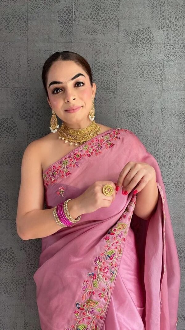 Pure Cream Organza Saree Fully Colorful Embroidered With Handwork Sarees