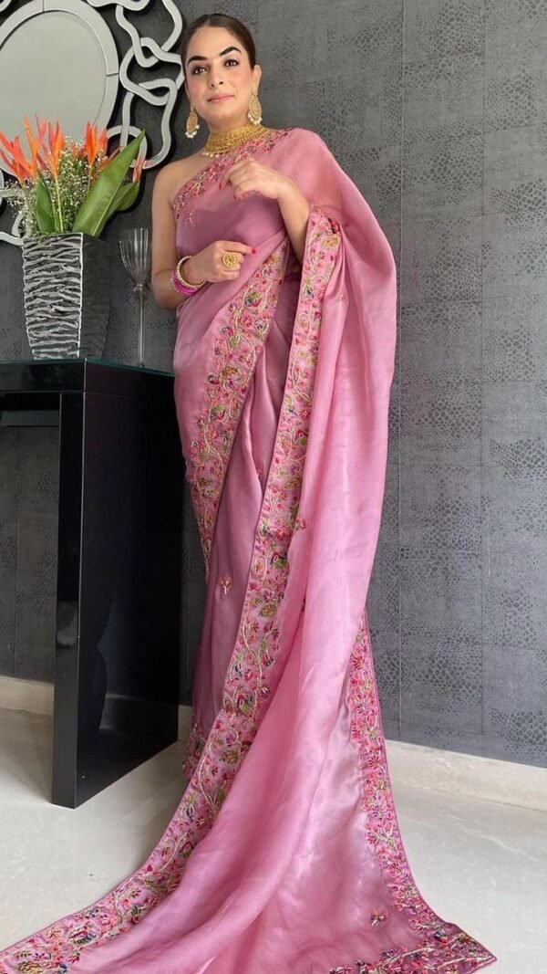 Pure Cream Organza Saree Fully Colorful Embroidered With Handwork Sarees