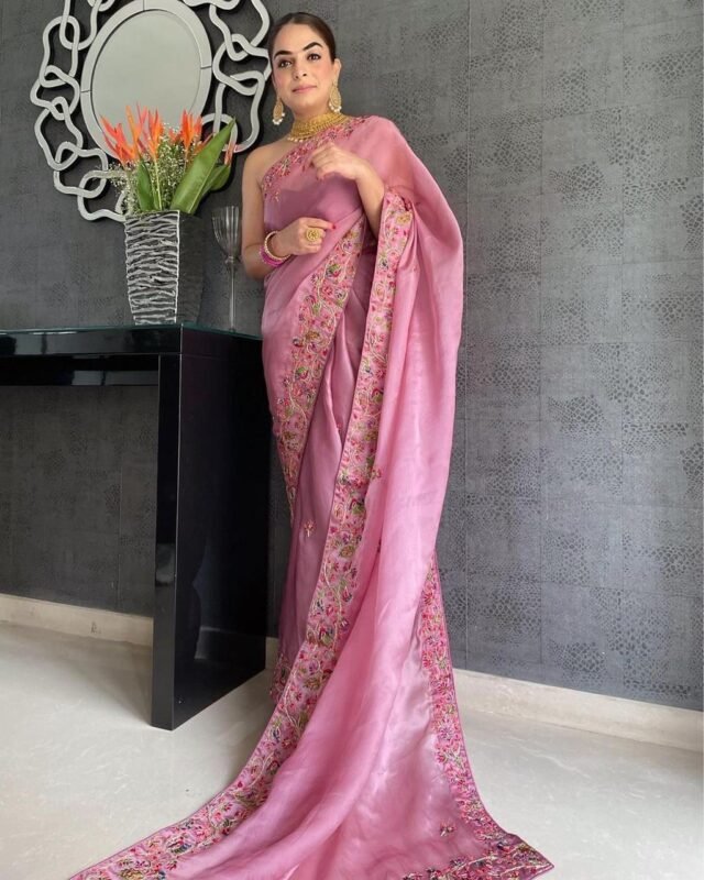 Pure Cream Organza Saree Fully Colorful Embroidered With Handwork Sarees