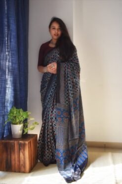 Original Linen Saree with Ajhrak Digital Block Print 01