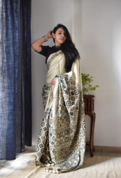 Original Linen Saree with Ajhrak Digital Block Print 03