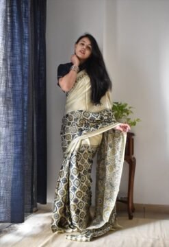 Original Linen Saree with Ajhrak Digital Block Print 03
