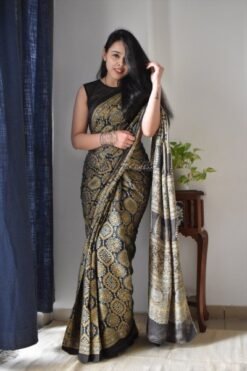 Original Linen Saree with Ajhrak Digital Block Print 04