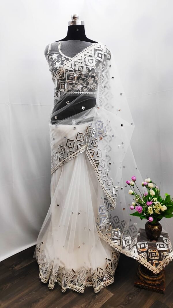 Premium Net with Heavy Embroidery Mirror Work Saree 01