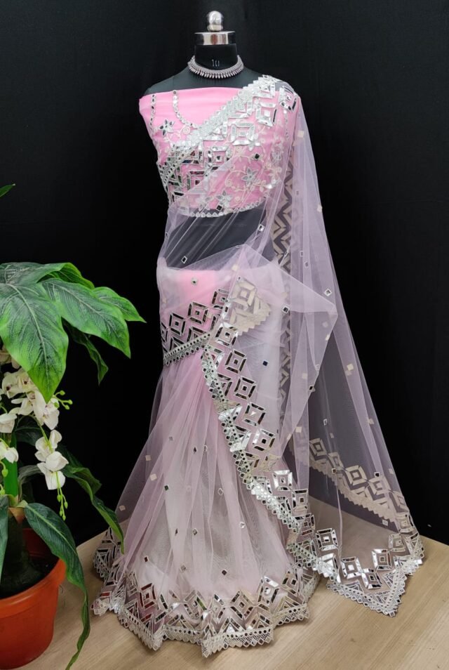 Premium Net with Heavy Embroidery Mirror Work Saree 02