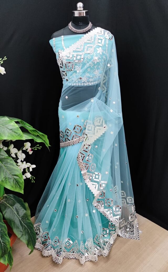 Premium Net with Heavy Embroidery Mirror Work Saree 03