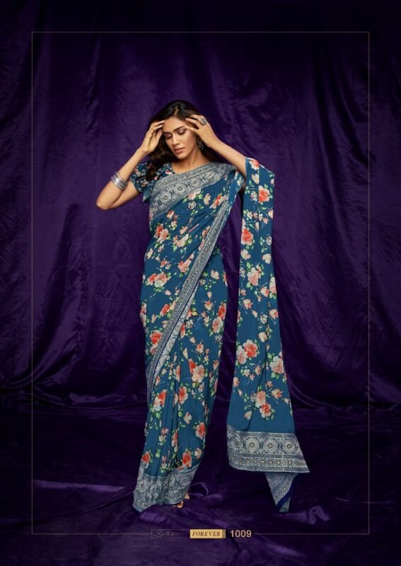 Blue Floral Printed Saree In Georgette