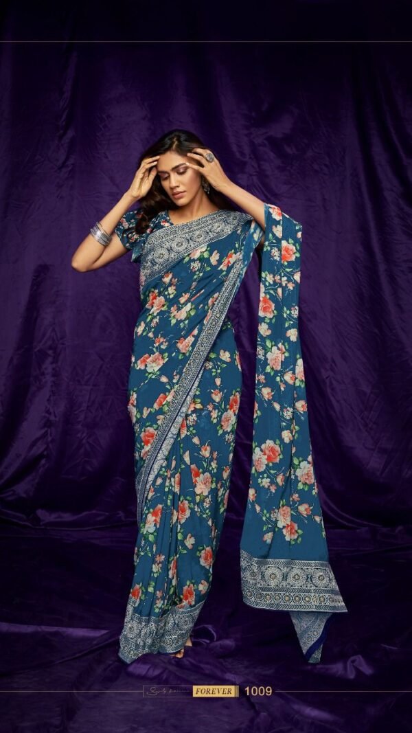 Pure Georgette Digital Print with Suta Embroidery Work Saree 01