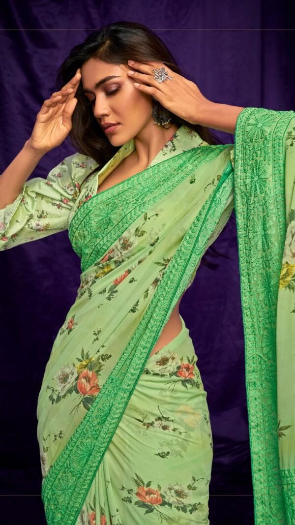 Pure Georgette Digital Print with Suta Embroidery Work Saree 08