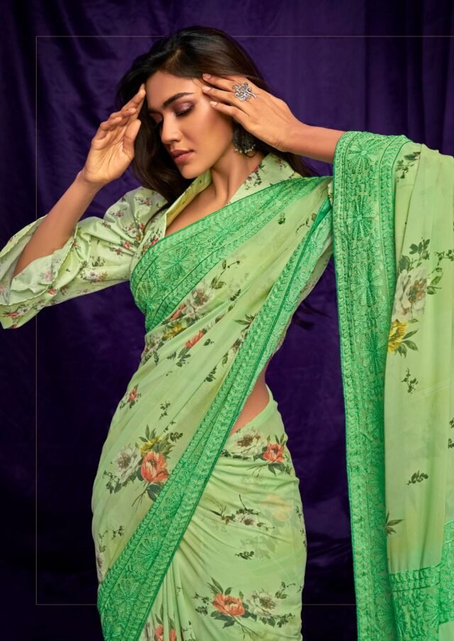 Pure Georgette Digital Print with Suta Embroidery Work Saree 08