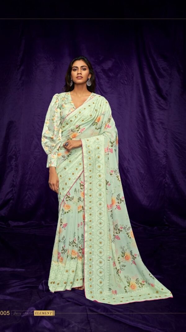 Pure Georgette Digital Print with Suta Embroidery Work Saree 09