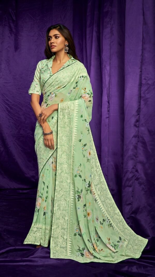 Pure Georgette Digital Print with Suta Embroidery Work Saree 12