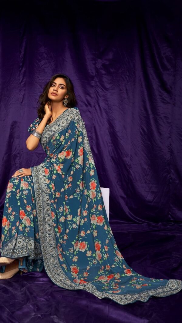 Pure Georgette Digital Print with Suta Embroidery Work Saree 01