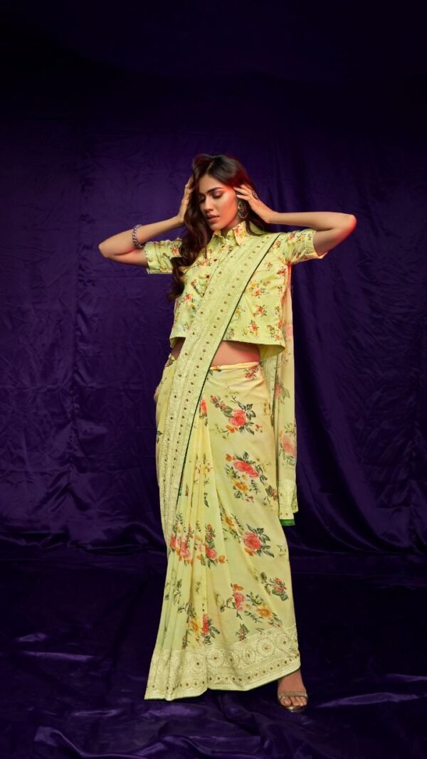 Pure Georgette Digital Print with Suta Embroidery Work Saree 04