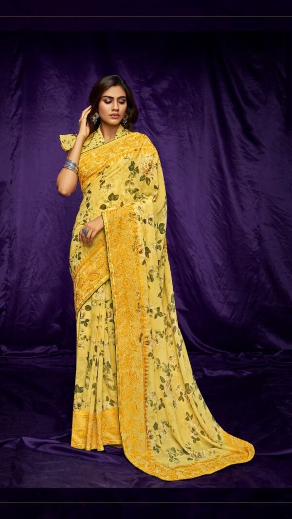 Pure Georgette Digital Print with Suta Embroidery Work Saree 05