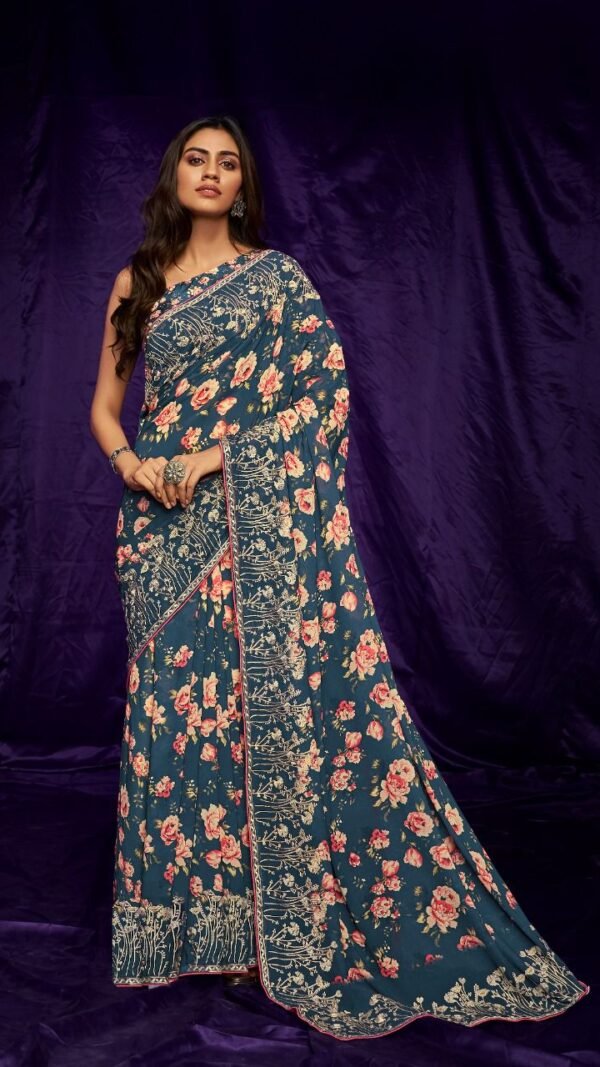 Pure Georgette Digital Print with Suta Embroidery Work Saree 06