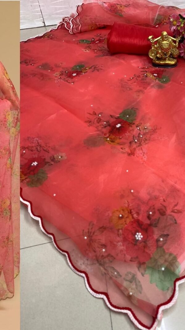 Pure Organza Silk Handprinted Flower Design Saree 01