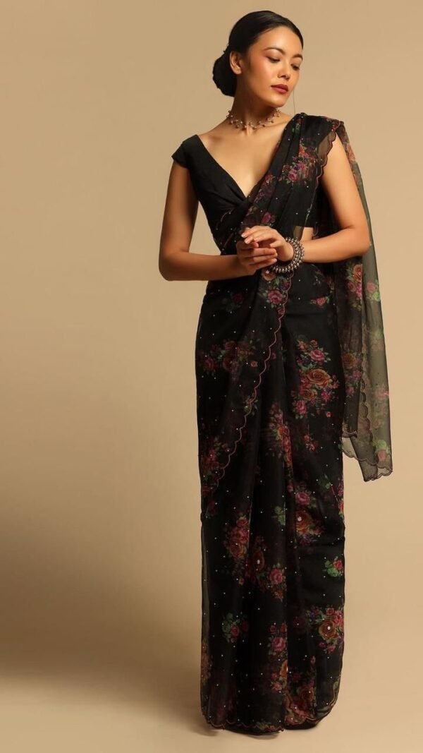 Pure Organza Silk Handprinted Flower Design Saree 02