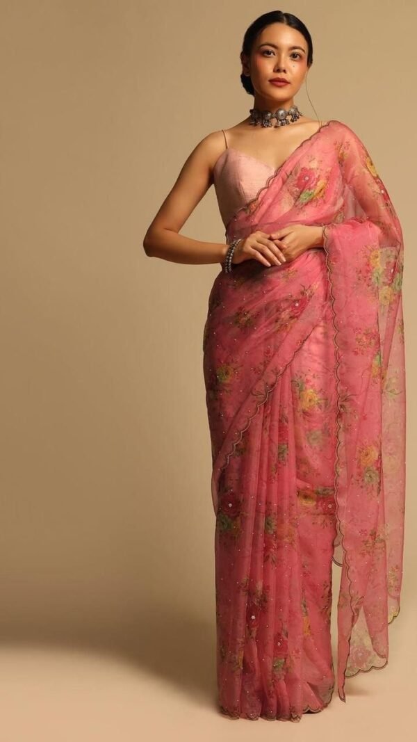 Pure Organza Silk Handprinted Flower Design Saree 01