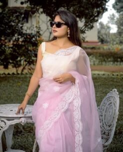 Pure Organza Silk Saree with Lucknowi White Flower 01