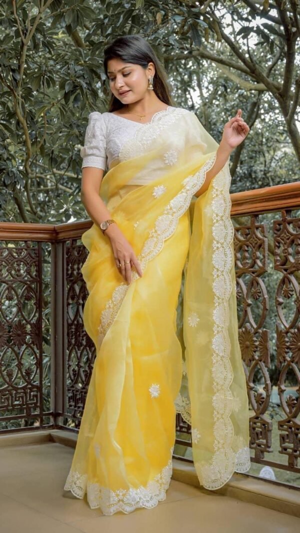 Pure Organza Silk Saree with Lucknowi White Flower 02