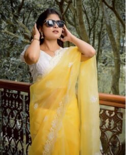 Pure Organza Silk Saree with Lucknowi White Flower 02