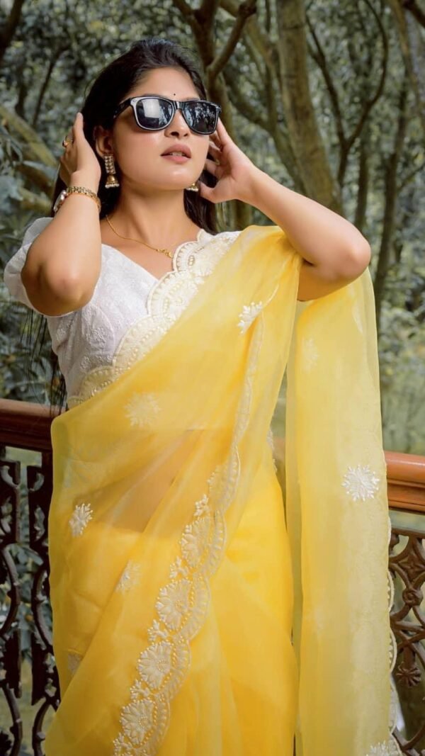 Pure Organza Silk Saree with Lucknowi White Flower 02