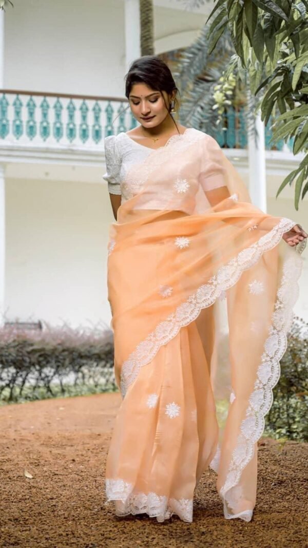 Pure Organza Silk Saree with Lucknowi White Flower 03