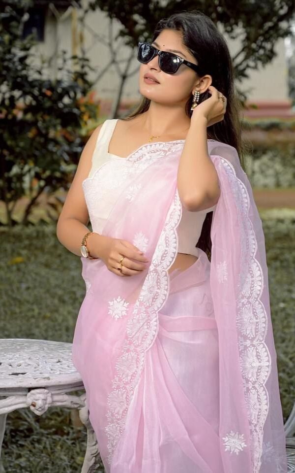 Pure Organza Silk Saree with Lucknowi White Flower 01