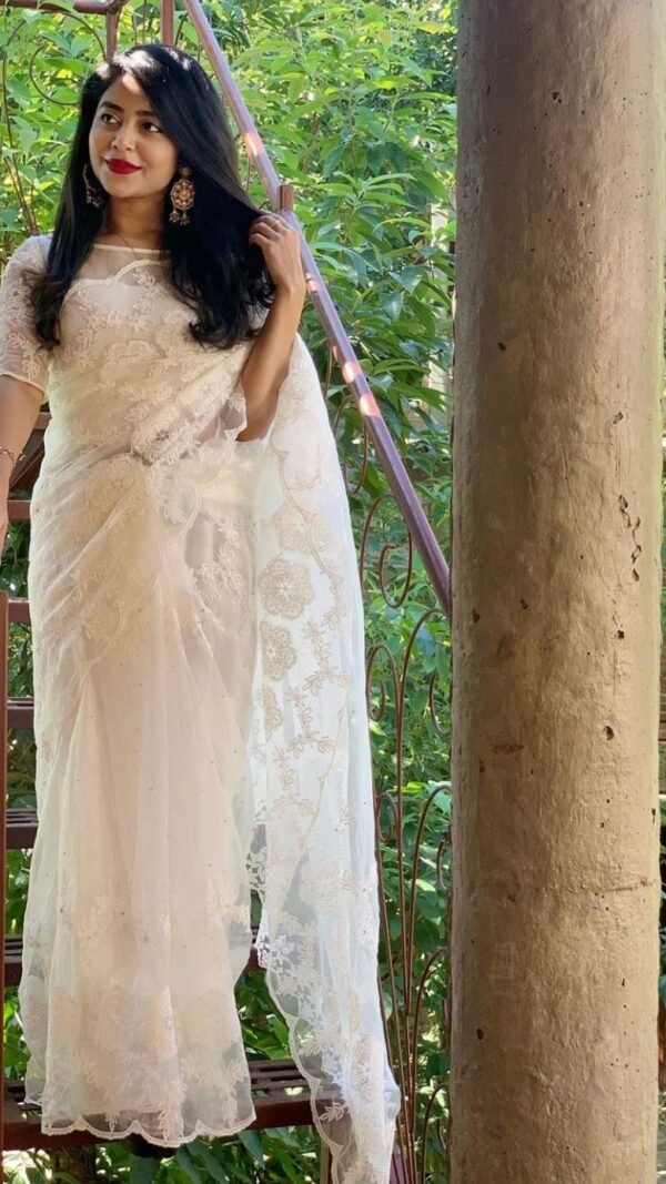 Soft Organza Saree with White Thread Work 02