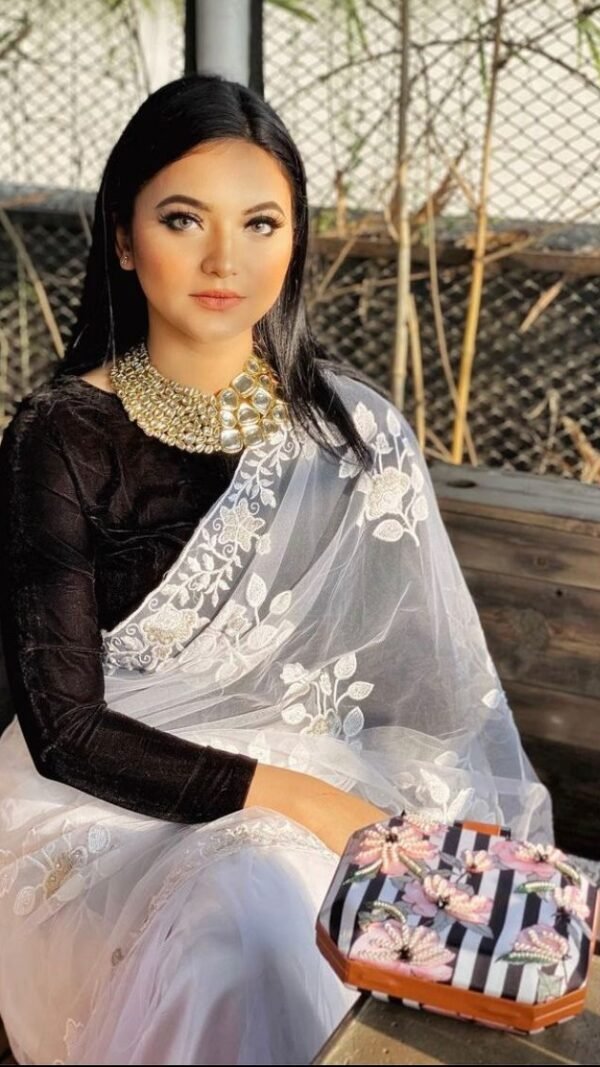 Soft Organza Saree with White Thread Work 03