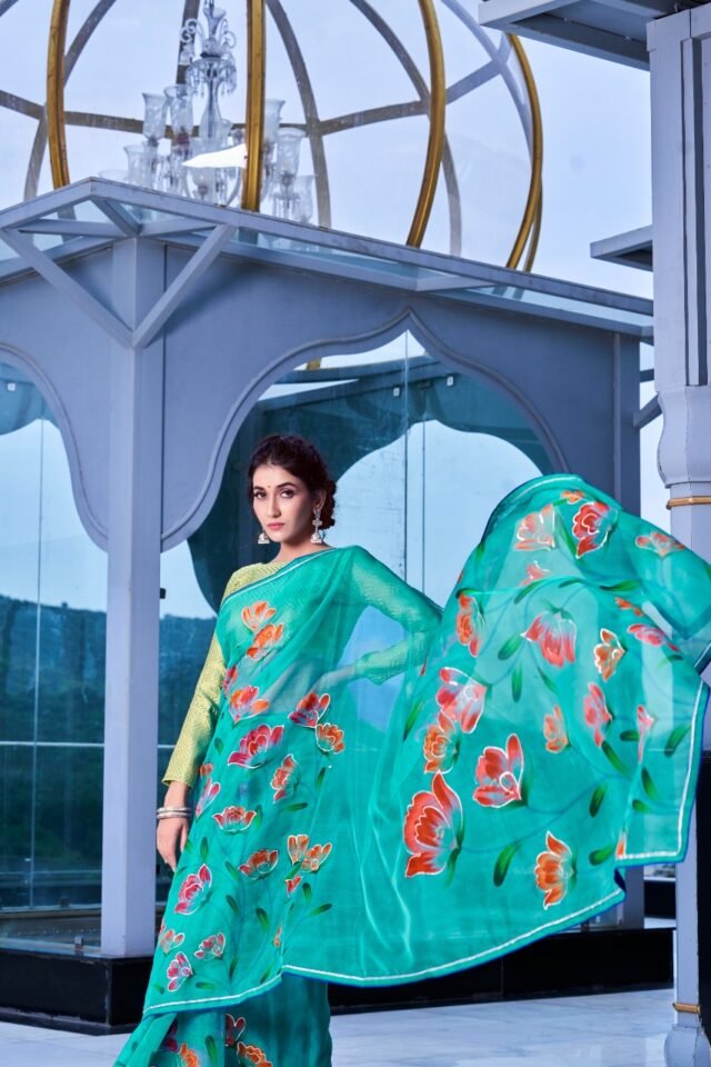 Soft Organza Silk with Handprint and Gold Touch Saree 04
