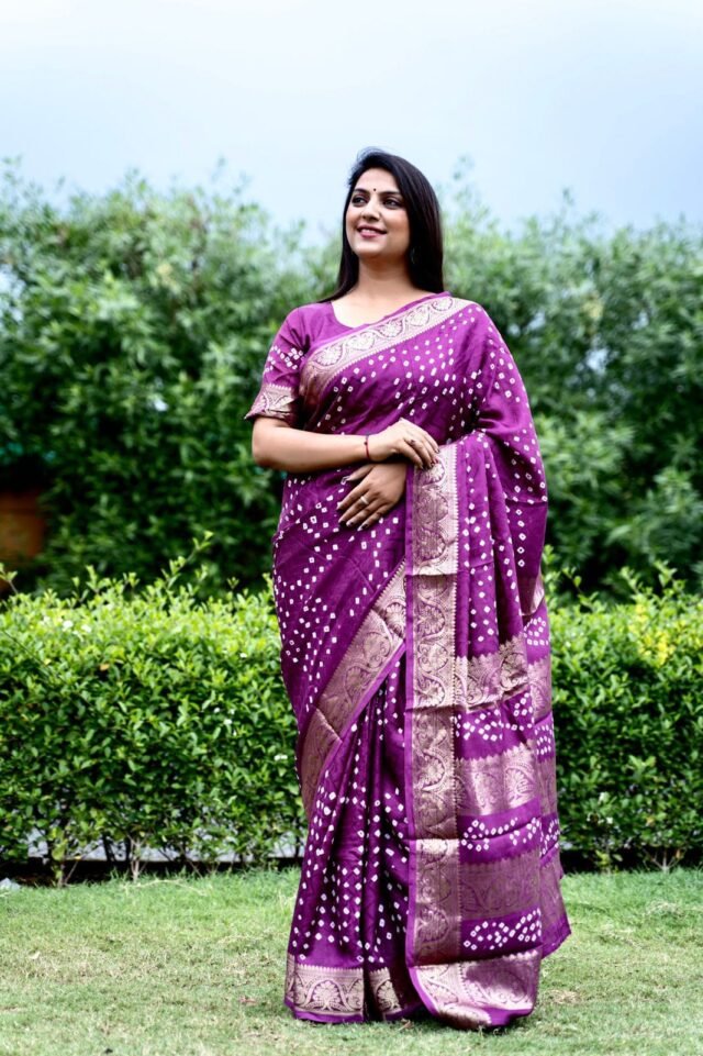 Bandhej Silk Saree With Zari Weaving Border 01