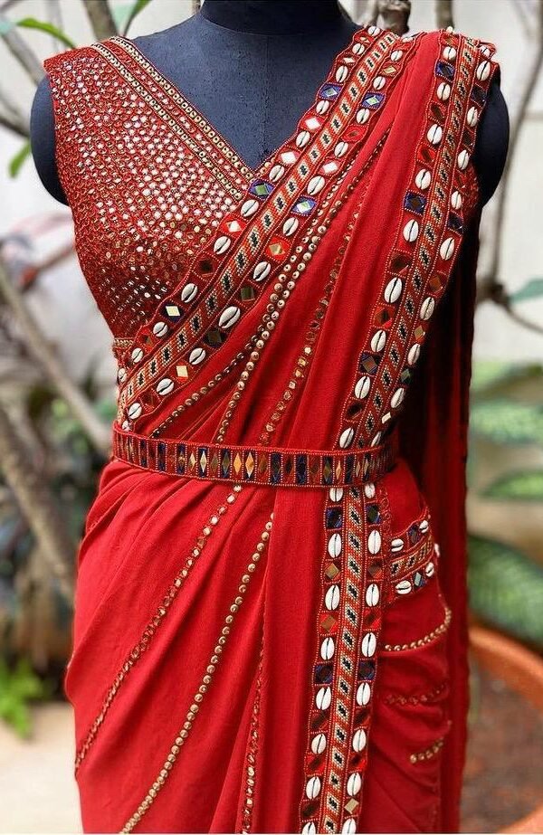 Soft Georgette Saree with Full Embroidery and Real Mirror Belt