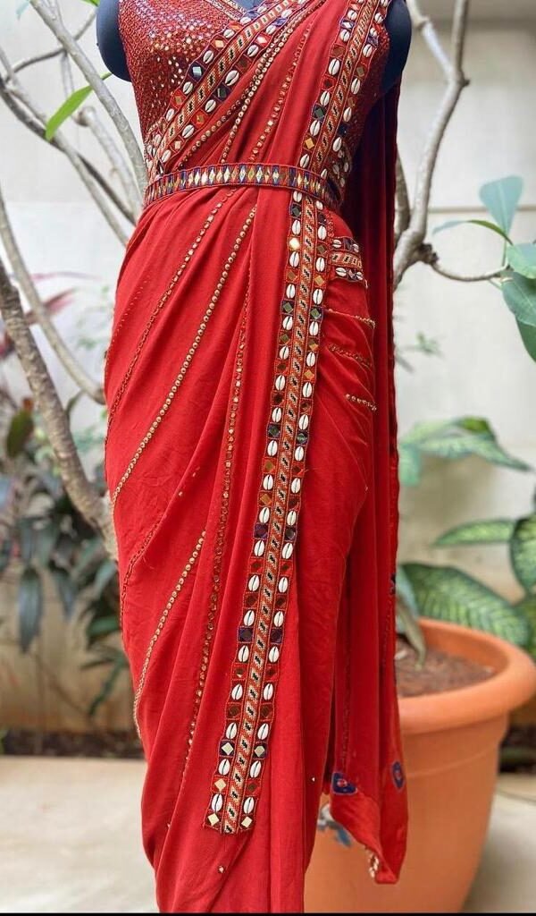 Soft Georgette Saree with Full Embroidery and Real Mirror Belt