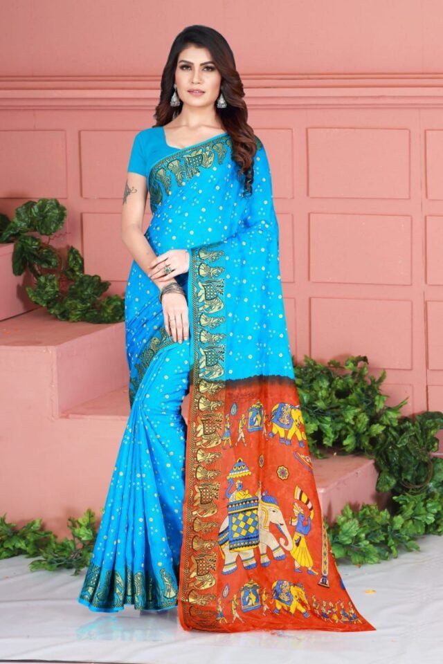 Bandhej Print Art Silk with Zari Waving Border Saree 11