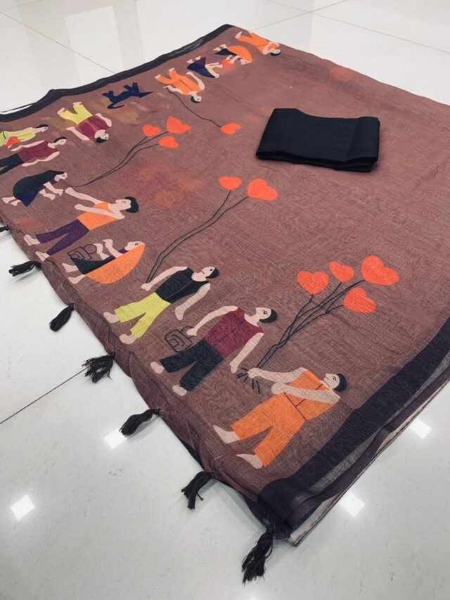 Pure Linen Work Digital Print Saree 05