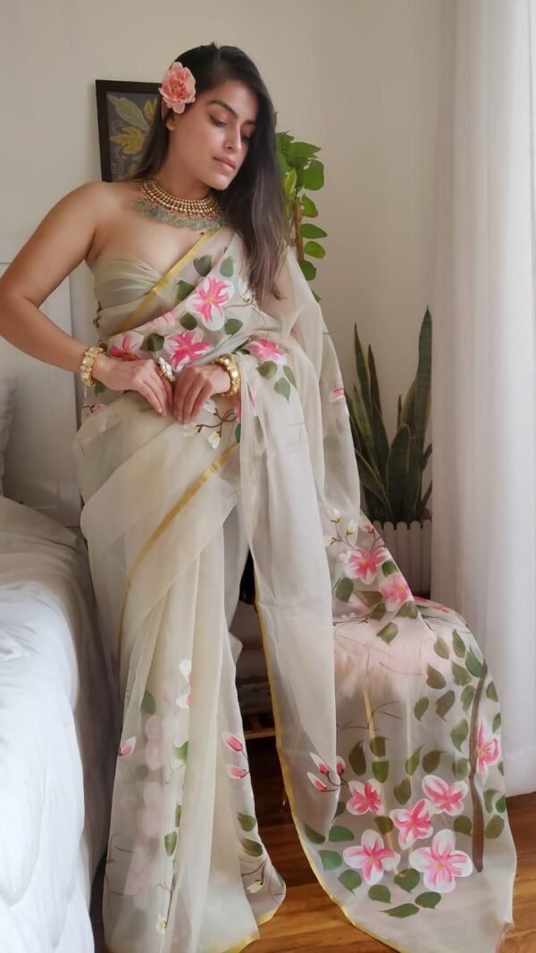 Premium Crystal Organza Saree with Golden Zari Border 06