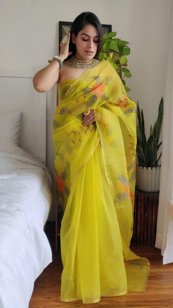 Premium Crystal Organza Saree with Golden Zari Border 07