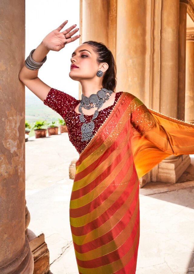Rainbow Satin Patta With Fancy Lace Saree 01