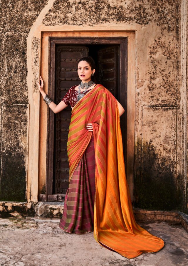Rainbow Satin Patta With Fancy Lace Saree 01