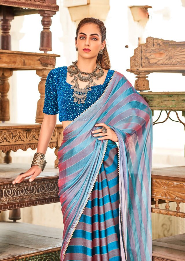Rainbow Satin Patta With Fancy Lace Saree 04
